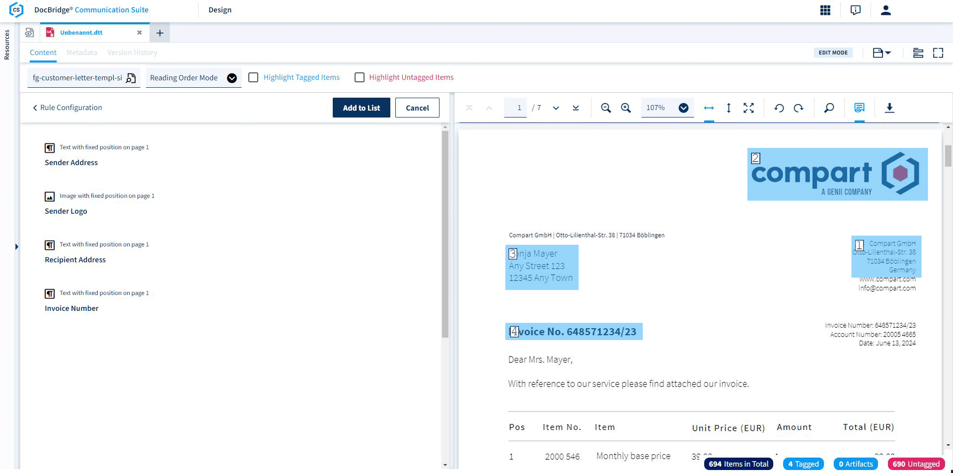Screenshot: Classification of a table as a content element