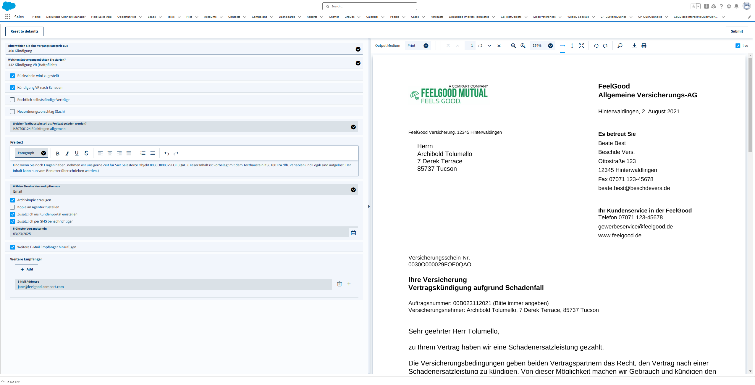 Interaktive Personalisierung Eingabemaske Sachbearbeiter
